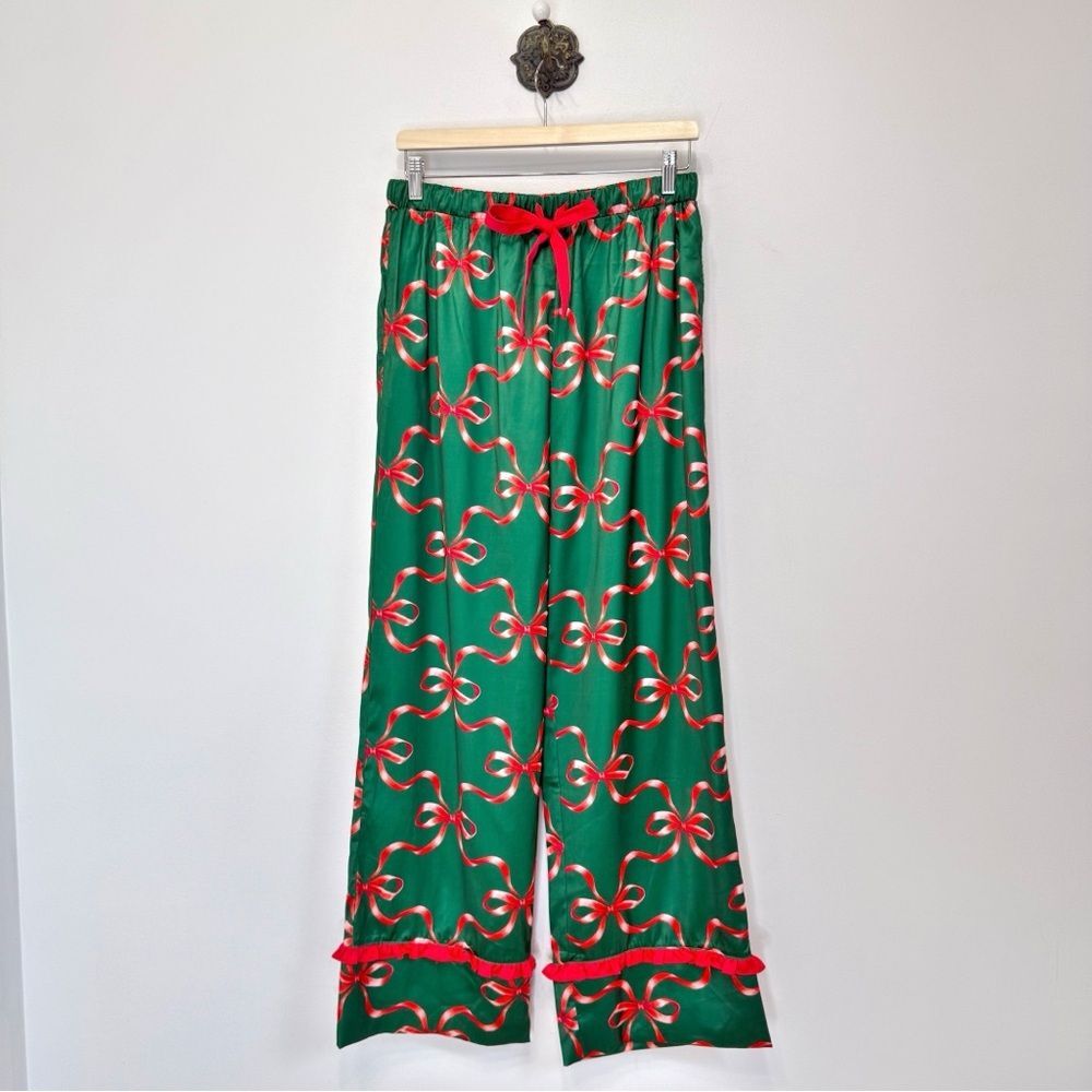 Goldie Lew Green Red Bow Ruffle Christmas Holiday Pajama Pant Women’s Size L NWT